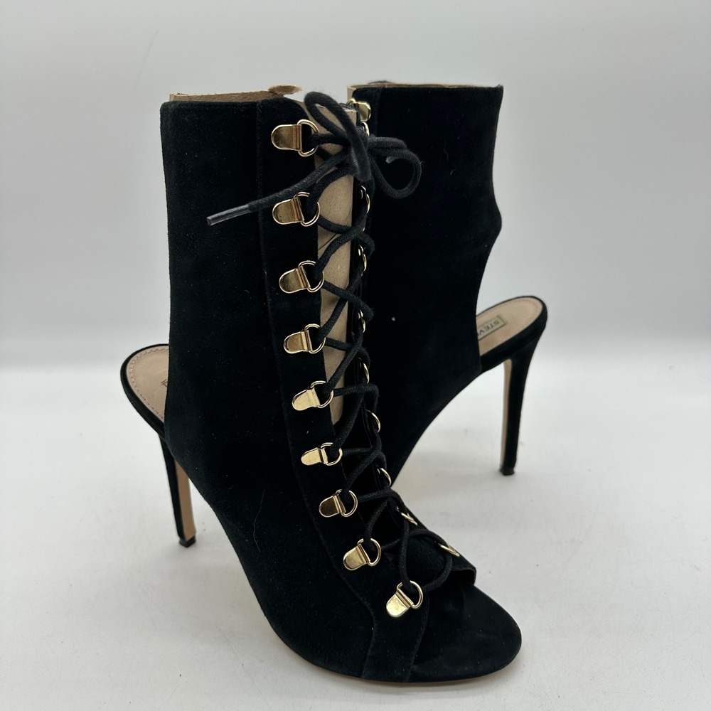 Steve Madden Kennee 10M Black Suede Peep Toe Lace-Up Stiletto Open Toe Booties